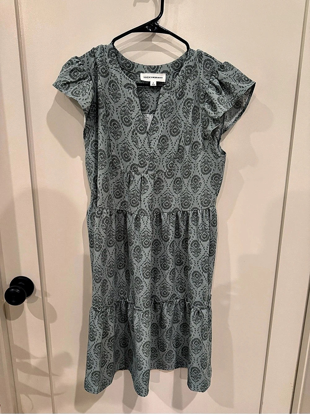 Lucky Brand Ruffle Sleeve Mini Dress Green & Gray Small Like New